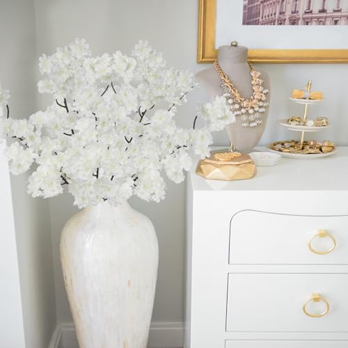 2 Pcs Artificial Cherry Blossom Flowers Branches 41" Faux Cherry Blossom Long Stem White Silk Cherry Blossom Tree Tall Fake Flower Arrangement for Home Wedding Centerpieces Spring Indoor Decor - color: White
