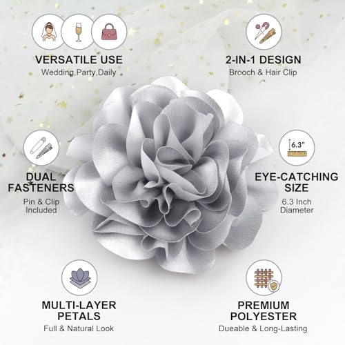 6.3” Large Rose Flower Brooches and Pins for Women - Flower Brooch, Hair Clips for Women & Rose Hair Clip | Fashion Accessories for Dresses, Hats, Clothes & Lapel Wear - Silver Grey - color: Silver Grey
