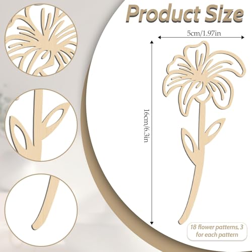 Ptwola 54PCS Wooden Wildflower Decor Set Wood Colorable Flowers Floral Cutouts Signs Laser Cut Stems Crafts Bouquet Boho Wall Decals for Home Birthday Holiday Art DIY Nursery Bedroom Decoration