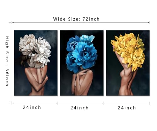 Sexy Women Pictures Wall Decor 3 Panels Nude Girls Painting Girls with Flowers Head Canvas Prints Artwork Living Room Bathroom Decor Wooden Framed Ready to Hang - 24"W x 36"H x 3pcs - color: Art01, size: 24x36x3pcs