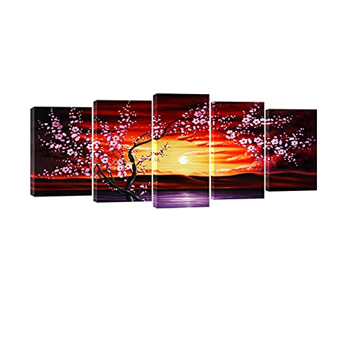 Wieco Art 5 Piece Plum Tree Blossom Canvas Prints Wall Art Abstract Floral Pictures Paintings Decor for Home Decorations Modern Stretched and Framed Contemporary Giclee Red Flowers Artwork