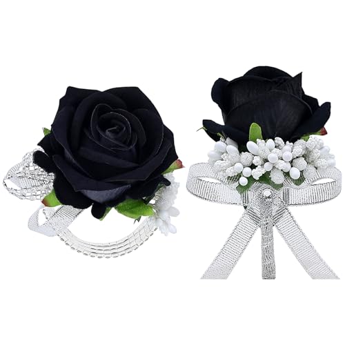 2Pcs Black Rose Corsage and Men Boutonniere Set Women Wristlet Band Wrist Bracelets, for Prom Wedding Ceremony Flowers Decorations and Homecoming Party Accessories - color: Black, size: 1 Boutonniere & 1 Wrist Corsage