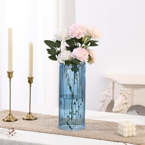 Blue Glass Vase, Glass Flower Vase, Ribbed Glass Vases, Blue Vase, Tall Cylinder Vases for Centerpieces, Living Room, Bedroom, Dining Table, Office, Wedding, Bookshelf Decoration, 12 Inches - color: Blue, size: 12''