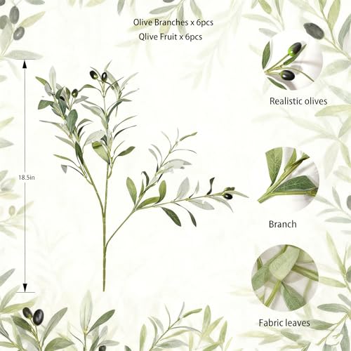 5 Pcs Faux Olive Branches - 18.5 Inch Artificial Olive Tree Branches with Fake Olives & Green Stems, Decorative Fake Branches for Home Decor, Wedding Centerpieces