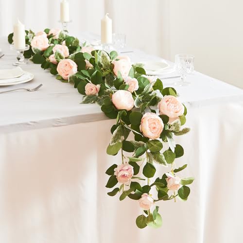 MISSPIN 2pcs Artificial Flowers Garland Spring Eucalyptus Garland Vintage Fake Flower Peony Rose Vine Greenery Decorative Wall Hanging Plant for Wedding Arch Door Arrangement Party Decor (Pink,2) - color: Pink,2