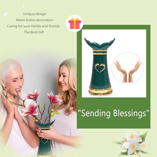 LoveLin Artificial Flowers Pink with Ceramic Vase - Ready-to-Display Home Decor Indoor for Living Room, Dining Table, Office, Wedding & Housewarming, Magnolia Flower & Green Vase - color: Pink/Green