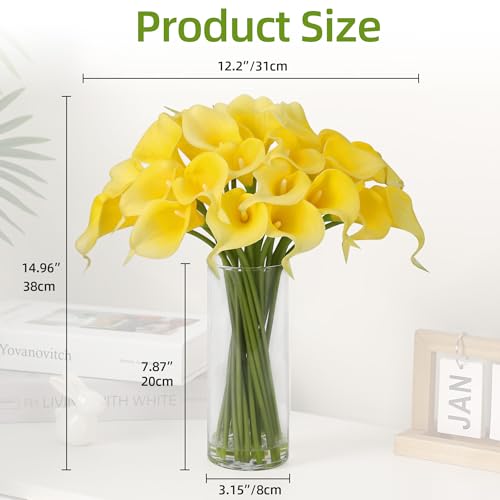 GarveeTech Real Touch Calla Lily Artificial Flowers, 24 Pcs with Glass Vase & Faux Water, 15" Long Stem for Wedding Centerpiece, Bridal Bouquet, Home and Party Decor (Yellow) - color: Yellow, size: Calla Lily（24 Pcs）