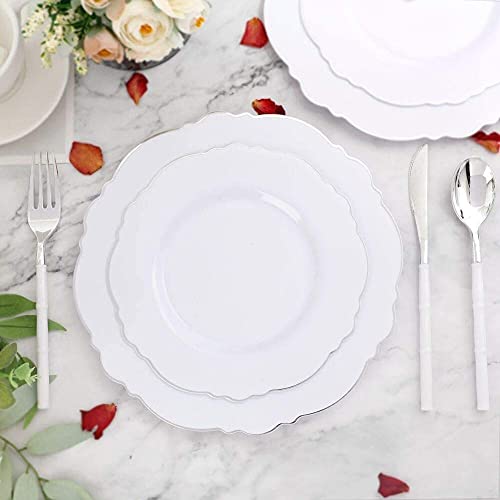 WDF 100pcs Silver Plastic Plates - High-end Baroque Design - Heavy Duty White &Silver Plates for Christmas Upscale Parties &Wedding - color: Silver, size: 100PCS
