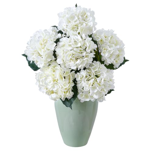 6PCS Realistic Artificial Silk Hydrangea Flowers – Premium Fake Hydrangea Flowers Bouquets with Stems, Full Faux Hydrangea Blooms for Home Wedding Table Party Baby Shower Decorations(White) - color: Cream White