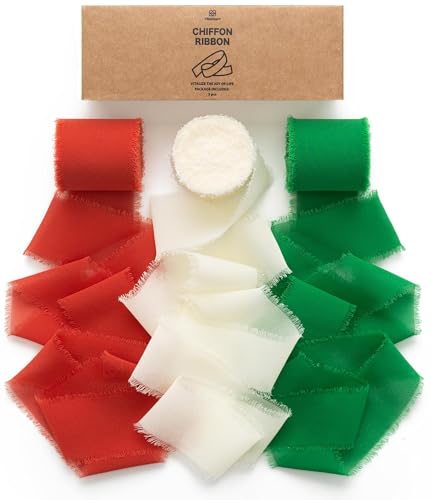 Vitalizart Christmas Handmade Chiffon Silk Ribbon Fringe 1.5" x 21 Yd Frayed Edges Ribbons for Wedding Invitations Bridal Bouquets Gifts Wrapping Crafts Holiday Decorations Red Green White - color: Red Green & White