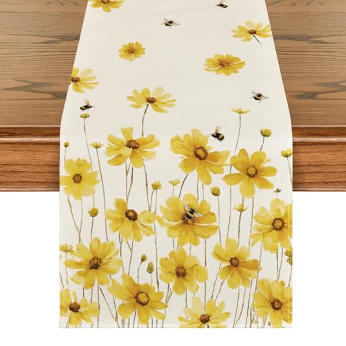 Artoid Mode Yellow Flowers Daisy Bees Summer Table Runner, Seasonal Easter Fall Holiday Kitchen Dining Table Decoration for Home Party Indoor 13x36 Inch - size: 13" x 36", Table Runner