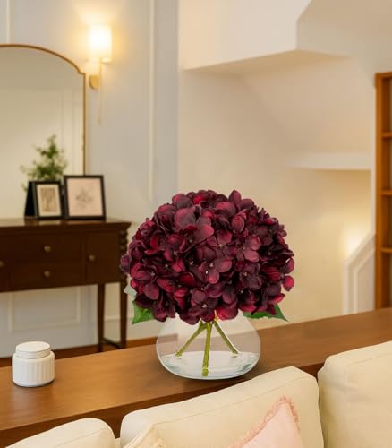 Hollyone Dark Red Fall Hydrangea Artificial Flowers for Decoration in Glass Vase Autumn Silk Faux Flower Arrangements with Faux Water Table Centerpiece Vase with Fake Flowers Fall Decorations for Home - color: Hydrangea, Dark Red
