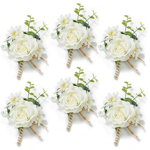 Serwalin 6PCS Ivory Rose Boutonniere for Men Wedding Groom Groomsmen Best Man Artificial Flowers Boutonniere for Wedding Ceremony Anniversary Prom Flowers Formal Dinner Party - color: Ivory, size: Boutonniere 6pcs