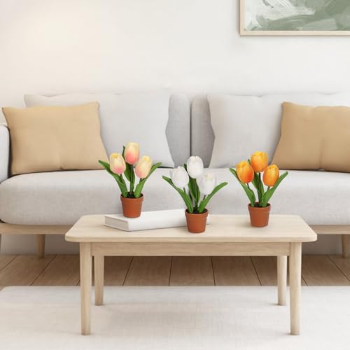 DILATATA Artificial Tulip Arrangement with Terracotta-Like Plastic Pot 8 Inch Small Tulip Centerpieces Fake Potted Tulip for Valentine's Day Table Centerpiece Wedding Home Decor - color: 4 Set Tulips in Pot
