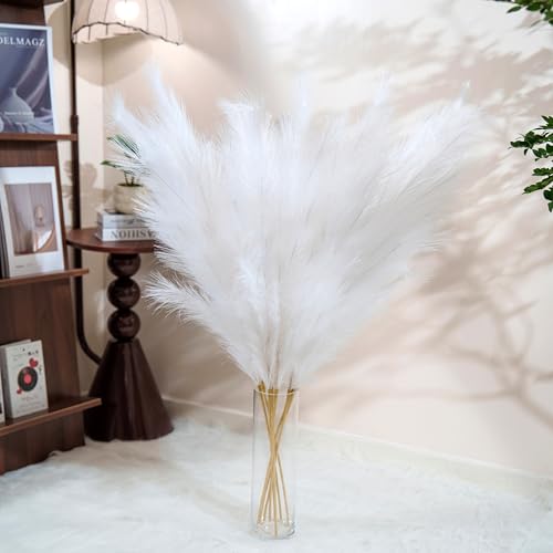 Premium Faux White Pampas Grass Decor 8pcs 43.3″ – Pure Cream Tall Fluffy Pampa Feather Flowers, No Assembly 18-Branch One-Piece Stems for Wedding Boho & Minimalist Home Decor, Floor Vase Arrangement - color: Faux White, size: 8pcs 43.3"(110cm)