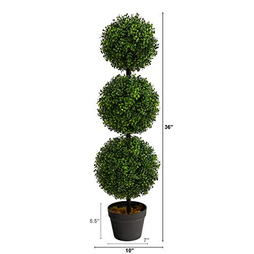 Nearly Natural 36in Artificial Triple Ball Boxwood Topiary Tree - Indoor Outdoor Realistic Faux Greenery for Home Patio Office Decor, Low Maintenance - size: 3ft