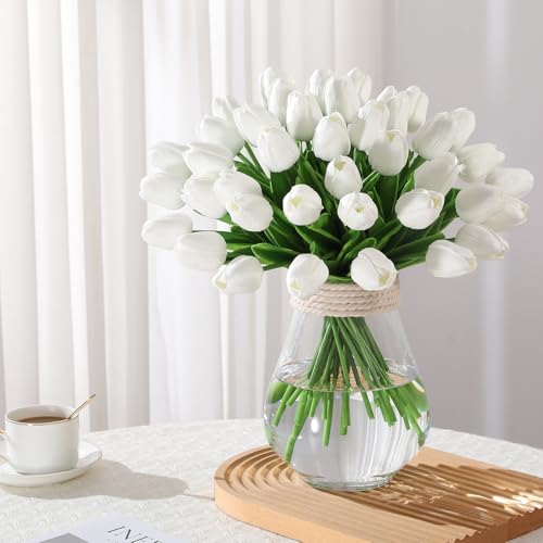 30 Pcs Artificial Tulips PU Faux Flowers, White Real Touch Fake Tulips for Valentine's Day Spring Easter Home Kitchen Wedding Decorations and New Year Decor - color: White