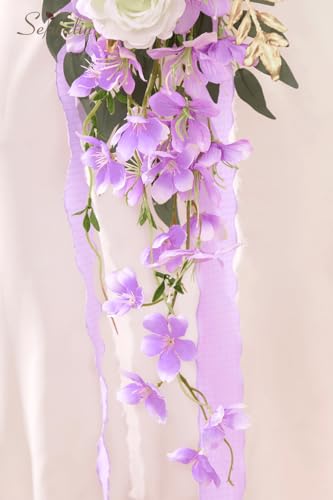 Serwalin 11 Inch Wedding Bouquets for Bride Bridesmaid, Purple Rose Bridal Bouquets for Bride, Wedding Flowers Bouquet Tossing Bouquet, Ceremony and Anniversary - color: Purple