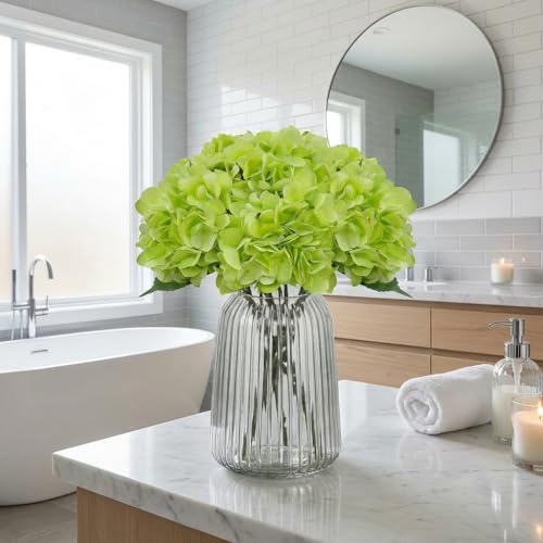 6Pcs Artificial Fake Flowers Plants Silk Hydrangea 1 Flower Head Arrangements Wedding Bouquets Decorations Plastic Floral Table Centerpieces Home Kitchen Garden (Green) - color: Green