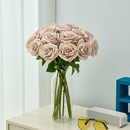 15pcs Fake Roses Artificial Silk Flowers Nude Faux Rose Flower Long Stems Bouquet for Arrangement Wedding Centerpiece Party Home Kitchen Decor (VASE is NOT INVLUDED) - color: Nude
