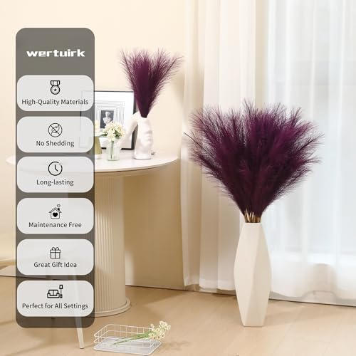 Wertuirk 9 Stems Purple Pampas Grass - 38 Inch Tall Faux Pompous Grass Decor, Big Artificial Pompas Floral for Vase Filler, Wedding, Party and Home Decor (Purple) - color: Purple