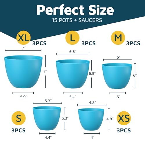 Blue Plant Pots with Drainage Holes & Saucers 15 Pack, Indoor & Outdoor Stackable Space-Saving Planters for Houseplants & Flowers, (7", 6.7", 6", 5.3", and 4.8" Inches), Durable & Weatherproof - color: Blue, size: Pack of 15