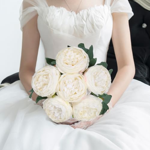 White Peonies Artificial Flowers,6PCS Vintage Faux Peony Flowers 19.7" Silk Peonies with Stems for Wedding Bridal Bouquet Home Party Office Decoration(White) - color: White