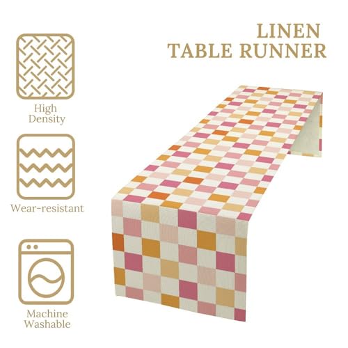 Groovy Hippie 1970s Table Runner Vintage Geometric Pink Orange Checkered Dinner Runner for Country Farmhouse Kitchen Birthday Party Holiday 36X13inch - color: Checkered-2, size: L36"x W13"