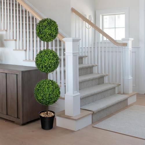 4.1FT Large Triple Ball Topiary Trees Artificial Outdoor Trees for Porch UV Resistant Pre-Potted Shrubs Boxwood Topiary,Large Fake Topiary for Home,Garden Decor (8.3"/9"/11" W.) Set of 2 - color: 4 Ft
