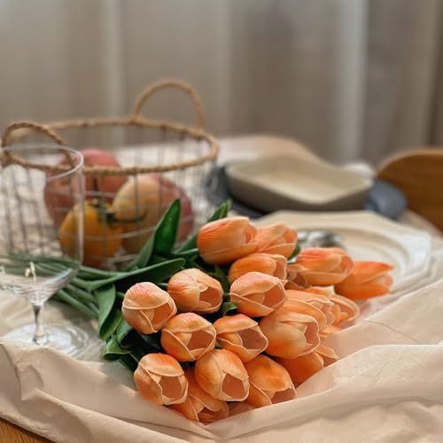 20PCS Artificial Tulip Flowers - 13.5" Real Touch Fake PU Tulips Bouquet Faux Spring Flowers (Champagne) - color: Champagne