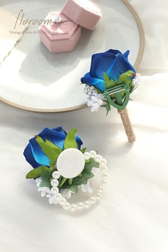 Floroom Royal Blue Rose Wrist Corsage Wristlet Band Bracelet and Men Boutonniere Set for Wedding Flower Accessories Prom Suit Decorations - color: Royal Blue