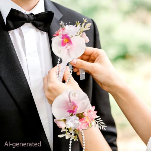Phalaenopsis Orchid Wrist Corsage and Boutonniere Set, Artificial Corsage Wristlet and Boutonniere for Wedding Prom Party (Phalaenopsis.2Pcs) - color: Phal.pink 1 Boutonniere&1 Wrist Corsage