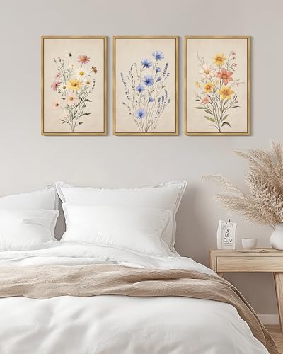 PHOPAGO Vintage Wildflower Bouquet Framed Wall Art Large 16x24in Botanical Flower Wall Decor Modern Colorful Floral Living Room Bedroom Hanging Decor - Natural Framed - color: Multicolour Floral, size: 24L" x 16W" x 3 Pcs Natural