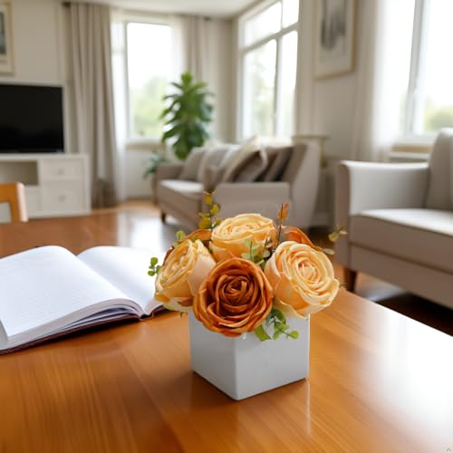 Fall Artificial Orange Silk Fake Rose with Ceramic Vase Autumn Table Decor | White Ceramic Vase Floral Arrangement, Autumn Decor for Office Kitchen Shelf Bathroom Shelf FarmhouseThanksgiving Halloween - color: Orange