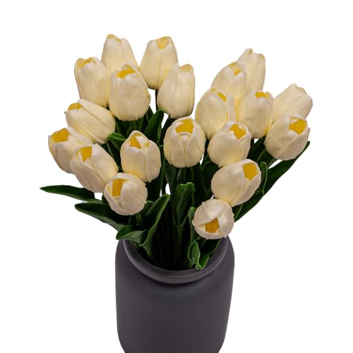 20PCS Artificial Tulip Flowers - 13.7" Real Touch Fake PU Tulips Bouquet Faux Spring Flowers for Office Table,Bedroom,Kitchen Home Mothers Day Easter Decoration (Milky White)