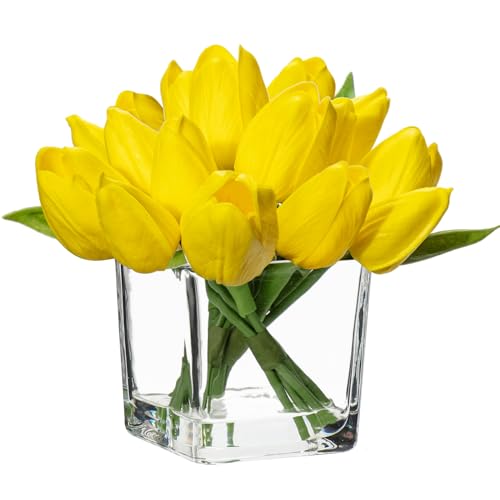 DILATATA Artificial Yellow Tulips in Vase with Faux Water 5.5" Real Touch Flowers Fake Tulips Small Flowers Arrangement in Cube Glass Vase for Mother's Day Table Centerpiece Wedding Home Decor - color: Square Vase/Yellow/1 Set