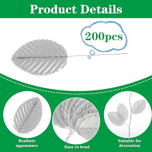 200 Pcs Silver Leaves for Crafts - Artificial Silk Faux Wired Single Leaf Wire Crafts Leaves - Plastic Artificial Flowers - For DIY Home Wreath, Wedding, Christmas - color: Silver