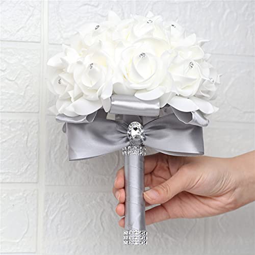 Yoanshop Wedding Bouquets for Brides or Bridesmaids Crystal Silk Roses Bridal Bridesmaid Wedding Hand Bouquet Artificial Fake Flowers (Light Grey) - color: Light Grey