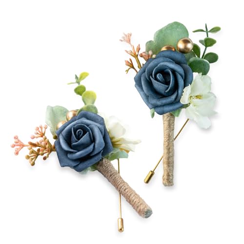 Boutonniere for Men Wedding, Groom Groomsman Artificial Rose Flowers for Wedding Anniversary Celebration,Prom,Party,Home Decoration Set of 2 (Navy Blue) - color: Navy Blue