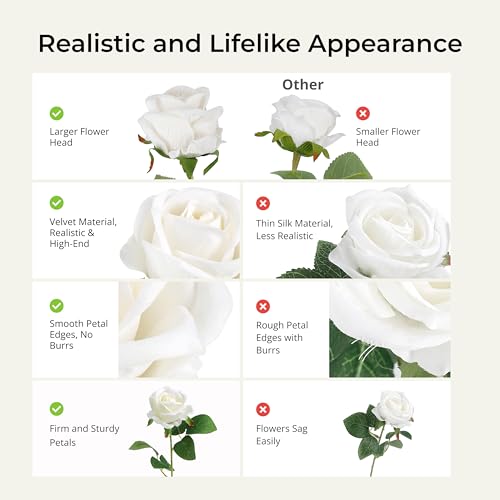 Auihiay 14PCS White Roses Artificial Flowers, Velvet Silk Faux Roses with Long Stems for Mother's Day, Wedding Centerpieces, Anniversary, Party, Home Decoration & DIY Floral Arrangement - color: White