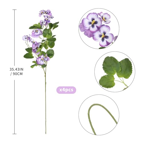 Artificial Fake Pansy Flowers for Decoration 4pcs Purple Faux Silk Pansies Flowers for Tall Vase 35.43" Long Stems Spring Flowers Pansies for Wedding Home Party Table Centerpiece Decor(Purple) - color: Purple