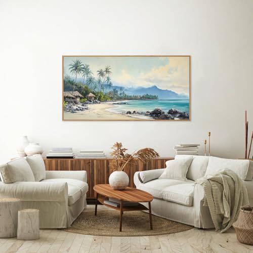 Rantodecor Tropical Coastal Framed Canvas Wall Art, Beach Landscape Posters Wall Decor, Island Palm Trees Beach House Art Paintings, Seascape Mountains Artwork for Bedroom Living Room Office 40"x20" - color: Tropical Coastal, size: 40"L x 20"W