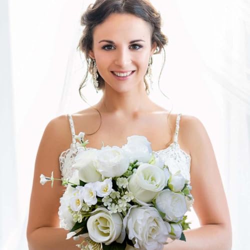 CYANLUX Wedding Bouquets for Bride Bridesmaid Bouquet Champagne White Artificial Roses Flowers for Wedding Valentine's Day Church Home Decoration… (White Rose) - color: White Rose