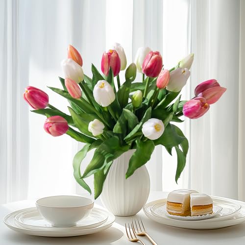 Bailikang 20PCS Fake Tulips Artificial Tulip Silk Flowers Fake PU Bouquet Artificial Flowers Faux Flowers with Gift Box Soft Faux Tulips Bouquets Arrangements for Party Wedding Home - color: White+light Red