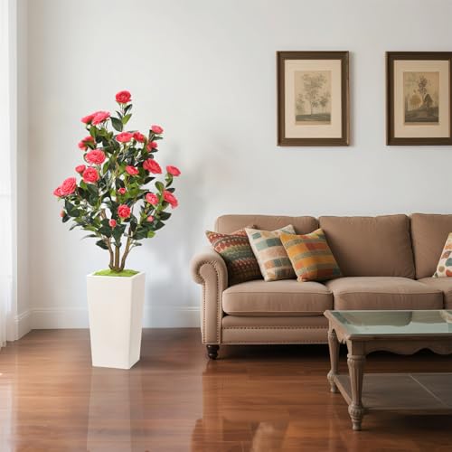 Romantic Season 4FT Artificial Camellia Tree with White Tall Planter, Pink Faux Camellia Plant Flower Tree for Modern Home Office Living Room Floor Décor Outdoor Indoor，Pink - color: Pink