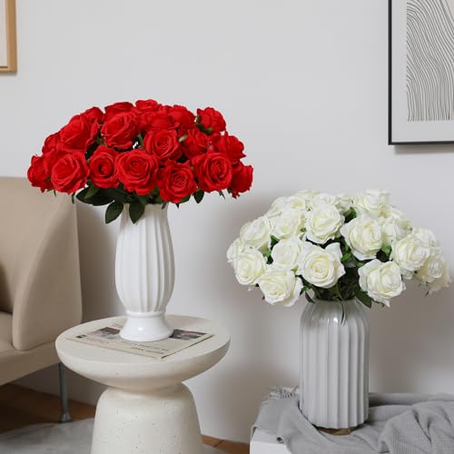 Tifuly Roses Artificial Flowers - 12 pcs Realistic Long Stem Fake Roses Mashup Style Silk Roses for DIY Bouquets Wedding Centerpieces Arrangements Home Party Decor（White & Red） - color: White & Red