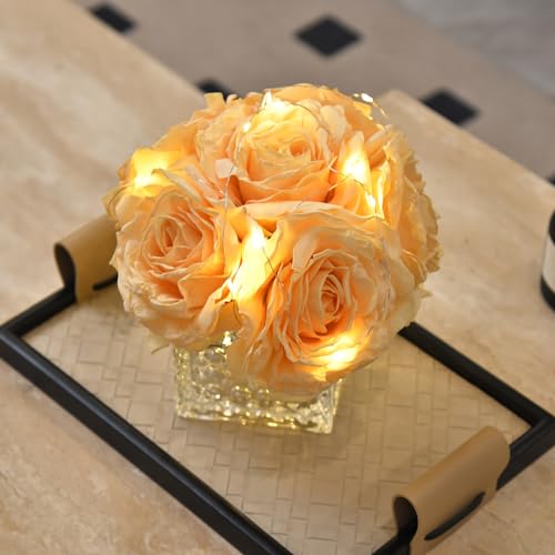 Artificial Rose in Glass Vase Vintage Silk Flower Arrangement with LED Light for Table Centerpiece Home Wedding Decoration (Champagne) - color: Champagne