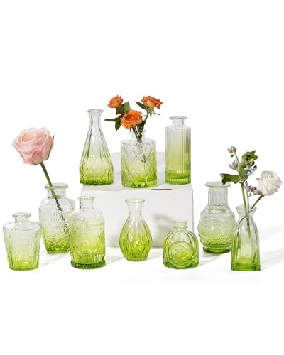 Vintage Small Glass Vases Set of 10,Mini Bud Vases for Flowers,Amber Glass Vases for Centerpieces,Wedding Decorations,Home Table Flower Decor (Olive Green) - color: Olive Green