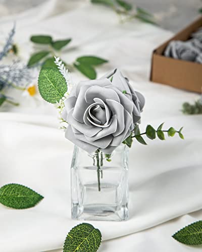DuHouse 25Pcs Artificial Roses Flowers Fake Roses with Stems Real Touch Foam Flowers for DIY Wedding Bouquet Centerpiece Floral Arrangement Party Home Decor(Grey) - color: Grey, size: 25pcs