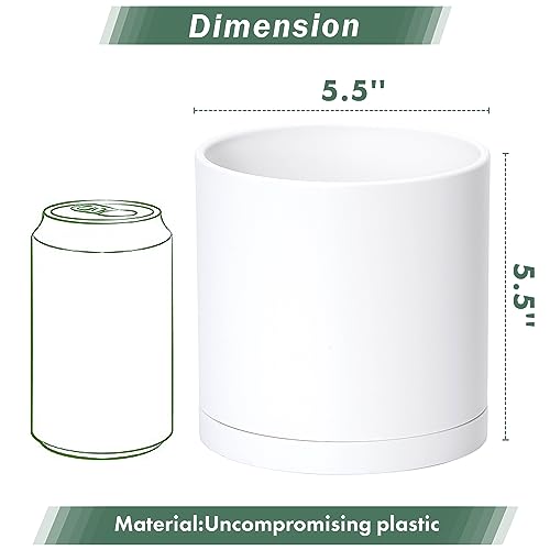 D'vine Dev 2 Pack 5.5 Inch Modern Plastic Plant Pots, Small Garden Planters for Plant with Drainage Holes and Saucers, White Color, 74-Z-H-1 - size: 5.5"